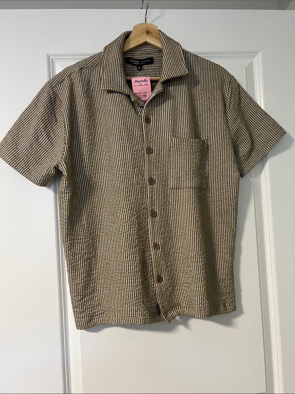 Reserved Goods Men's Short Sleeve Button-Down Shirt in Beige Stripe